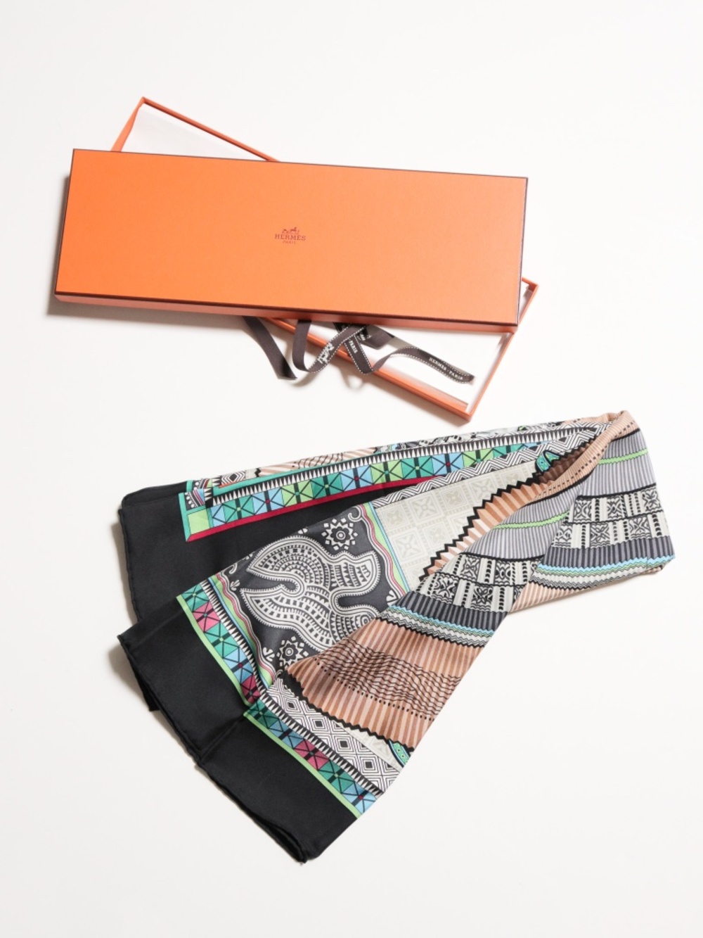 HERMES Silk Scarf 'Cent Plis des Miao' Carre 90 Aline Honore Noir Camel Multi